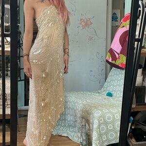 Off white Art Deco 100% silk beaded shift slip dress